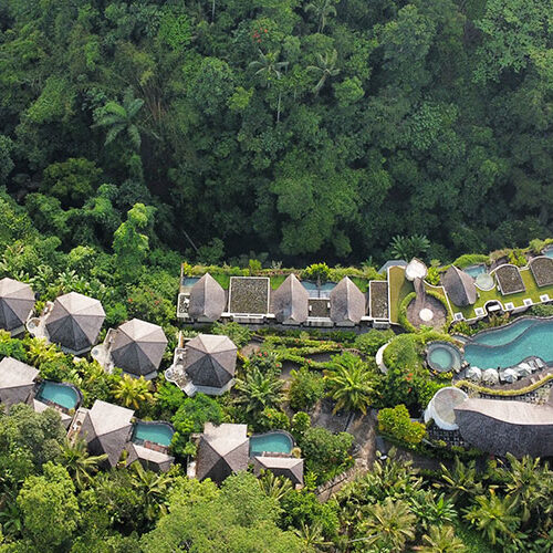 Aerial view of RYK Yoga retreat – A peaceful and serene retreat location surrounded by lush nature.